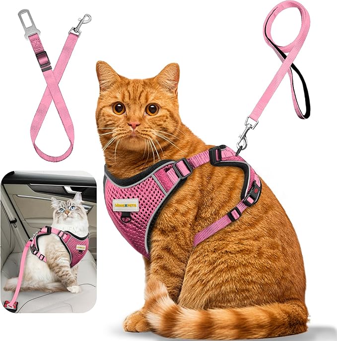 Cat Harness and Leash for Walking, Retractable Cat Harnesses and Leash Set Escape Proof, Breathable Soft Kitten Small Large Harness for Travel Training and Walking, Pink, XXS
