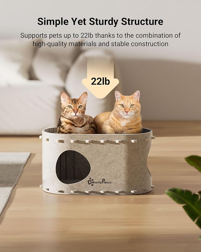DownyPaws Cat House for Indoor Cats, Cat Bed Cave for Multiple & Large Cats Up to 22 Lbs, Scratch Resistant, Foldable Peekaboo Kitten Caves Tunnel Enclosed Bed, PeekaPurr, Cream