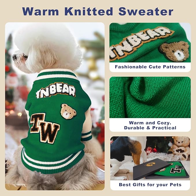 Small Dog Sweater Sweatshirt Cute Puppy Sweaters - Winter Green Warm Knitted Bear Design for Puppies (L)