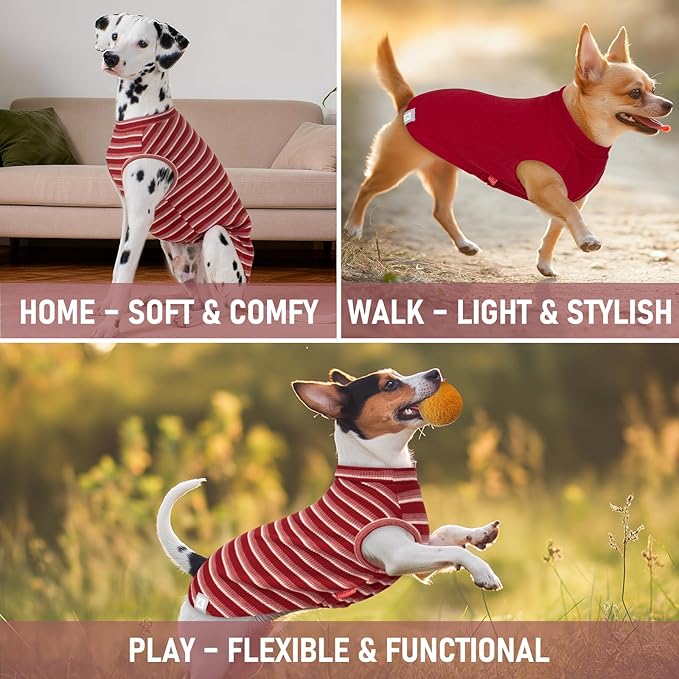 KYEESE 2Pack Waffle Dog Shirts for Small Dogs Stretchy T-Shirts Lightweight Tank Top Sleeveless Striped Vest Breathable Cat Tee, Medium, Red+Striped