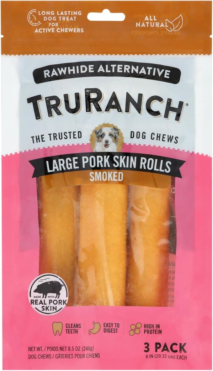 TRURANCH Large Pork Skin Rolls - Smoked Collagen Rolls - Collagen Chews for Dogs - Real Pork Skin - Rawhide Alternative - Easy to Digest Treat, 1 Bag, 3 Count