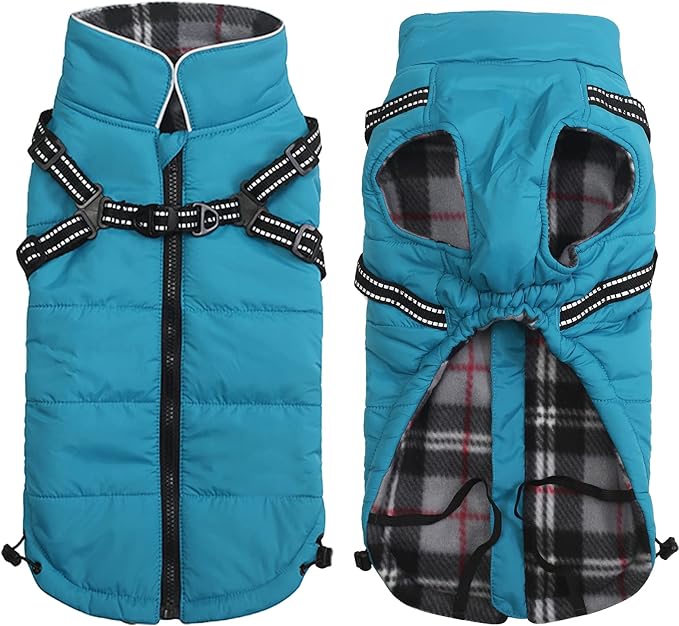 Geyecete Winter Warm Coat Waterproof Dog Winter Jacket with Harness Traction Belt,Pet Outdoor Jacket Dog Autumn and Winter Clothes for Medium, Small Dog-Blue-S