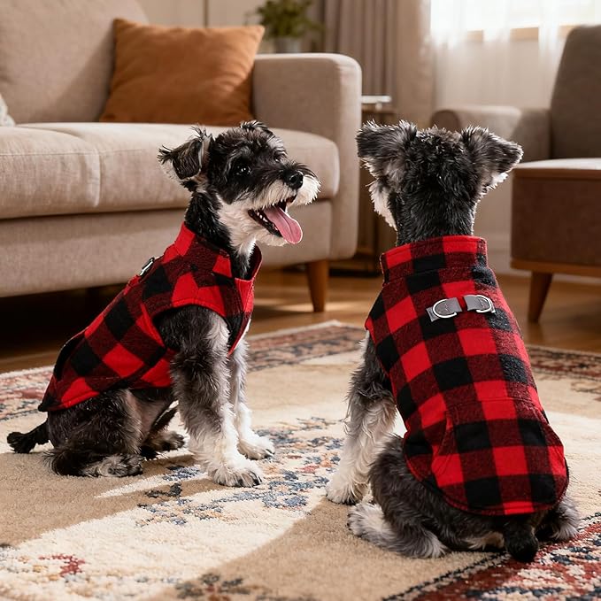 KOOLTAIL Dog Fleece Vest Sweater, Warm Puppy Christmas Jacket with Dual Leash D-Ring and Pocket for Small Medium Large Dogs, Soft Pet Winter Cold Weather Coats Fall Clothes Hoodie Boy Girl,Red Plaid L