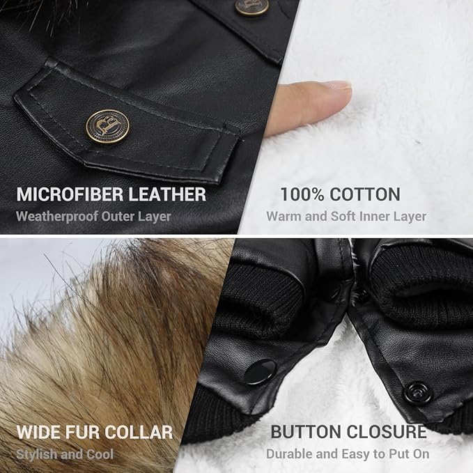 LESYPET Dog Leather Jacket for Small Dogs, Waterproof Dog Winter Jacket Puppy Coat with Fleece Lined, Ultra Warm Fur Collar Doggie Coat, Black L