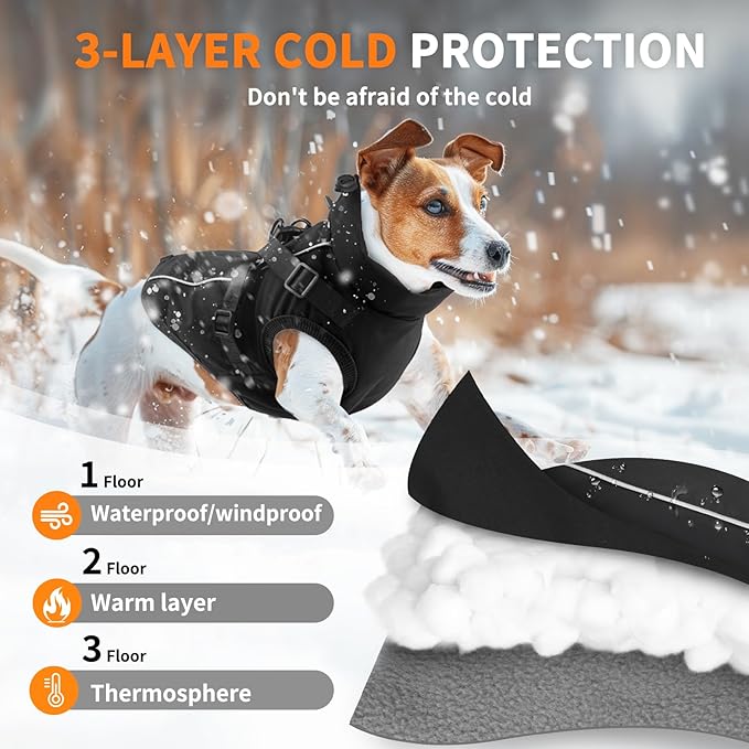 Dog Winter Coat Reflective Water-Resistant Jacket, Fleece Lined Windproof Puppy Coat with Back Zipper & D-Ring, Cold Weather Dog Coats for Small Medium Large Dogs (L, Black)