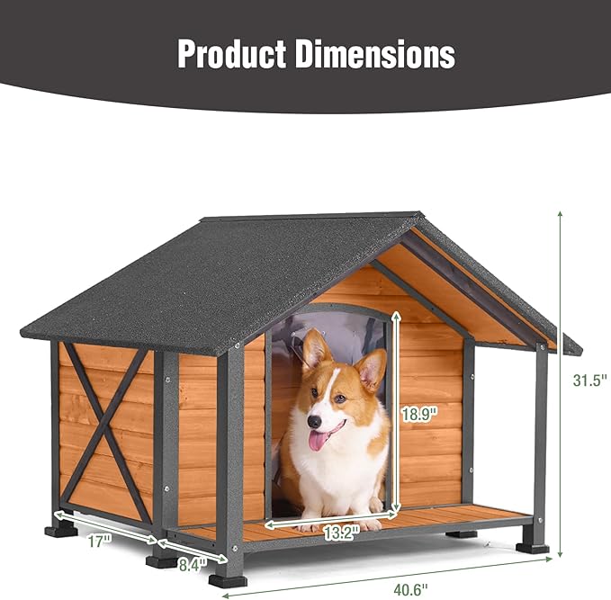 Insulated Dog House, Outdoor Dog House for Winter, Weatherproof Wooden Dog Kennel with Porch, Iron Frame, Openable Roof & Removable Floor