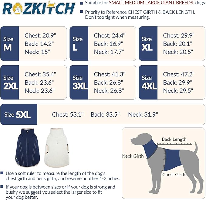 ROZKITCH Reversible Large Dog Jacket, Warm Fleece Sherpa Sweater with Leash Hole, Windproof Cold Weather Coat Winter Clothes Double-Sided Winter Vest for Large Giant Breeds DarkBlue 4XL