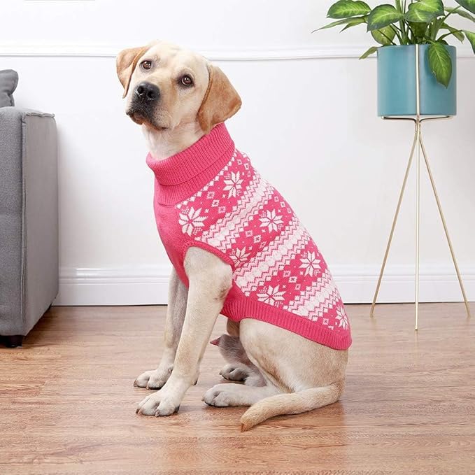 KOOLTAIL Cable Knit Dog Sweater Turtleneck, Cold Weather Pullover Classic Knitwear, Snowflake Pattern Thick Warm Winter Pet Clothes, Dog Christmas Sweater for Small Medium Large Dogs Girl, Pink M