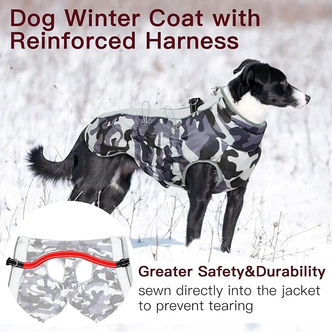 Dog Coat Dog Winter Jacke- XX Large, Warm Dog Coat Zip Up Snowsuit Dog Harness Vest Reflective Water-Resistant Dog Coat Dog Snow Jacket for Large Dogs Border Collie, Pit Bull, Grey-Camouflage