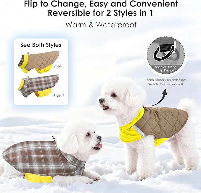 Quilted Dog Winter Coat, Plaid Lined Reversible Vest, Reflective Safety Strip, Cold Weather Pet Apparel Yellow S