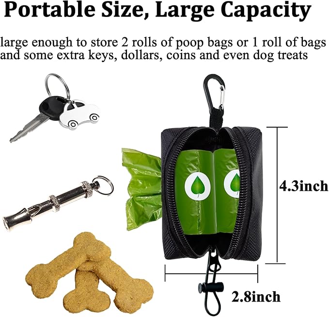 Dog Poop Bag Holder (2 Pack) Poop Bag Holder for Leash Attachment, Doggie Pet Waste Bag Dispenser, Puppy Potty Carrier Small Doggy Zipper Pouch with Carabiner Clip, Black
