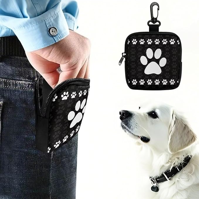 KEIAHUAN White Paw Print Dog Treat Pouch Small Training Bag Portable Dog Treat Bag with Zipper Closure and Carabiner Hands Free Pet Treat Bags Training Pouch Mini Wallet, Black