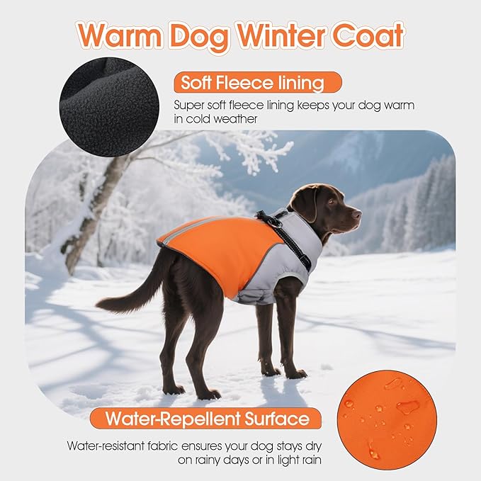 DENTRUN Dog Coat with Harness Built in, Cold Weather Dog Jacket Windproof Water-Repellent, Plush Turtle Neck Reflective Coat for Beagle, Orange, M