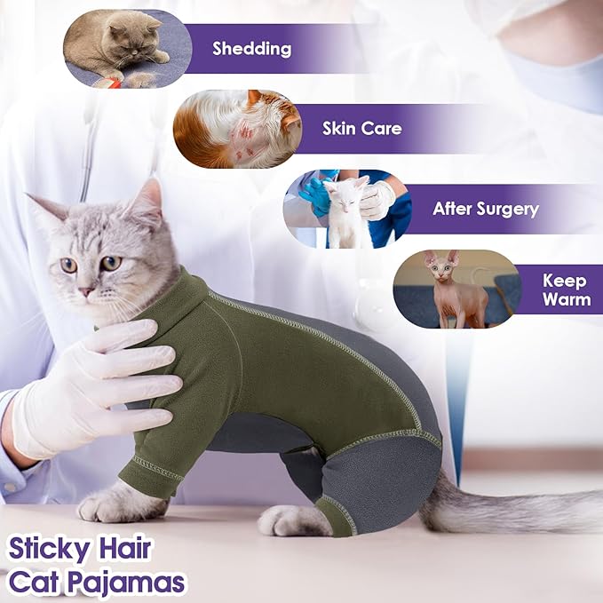 SUNFURA Hair Sticky Cat Clothes, Cat Sweater for Cats Only, 4-Legged Fleece Sweaters Kitten Pajamas Reduce Shedding Fur, Warm Pullover Shirts for Cats, Army Green XL