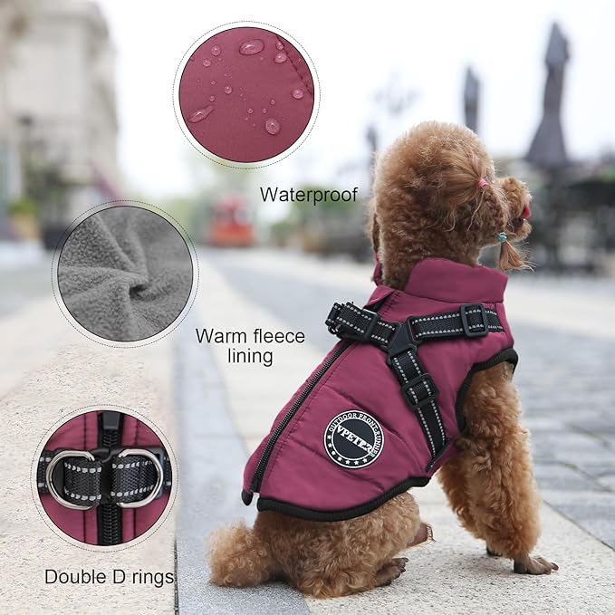 VPET Dog Winter Coat Warm Fleece Jacket with Harness, Windproof Adjustable Snow Pet Coat Clothes for Small Medium Large Dogs