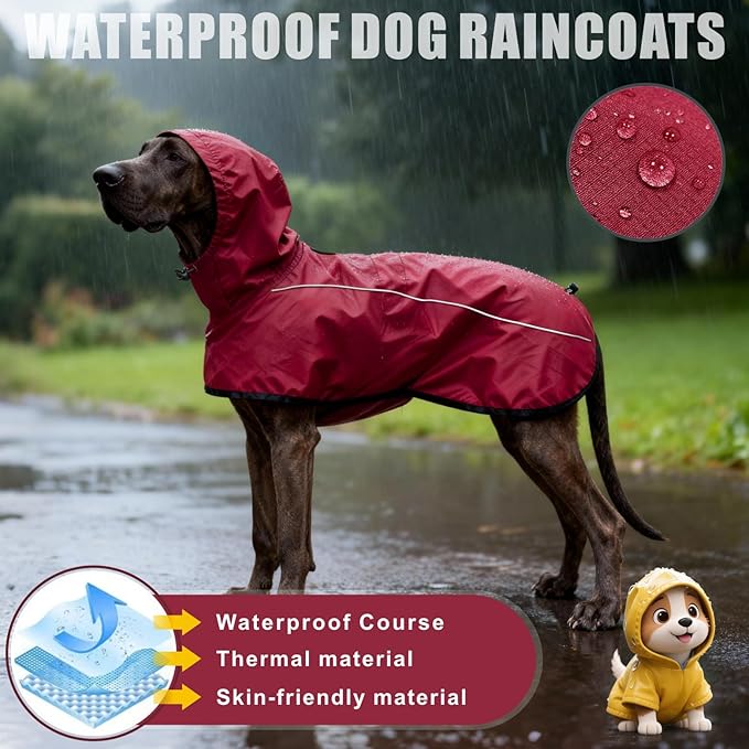 Mosucoirl Dog Raincoat Jacket Reflective Adjustable Hooded Pet Poncho Rain Coats with Leash Hole Waterproof Clothes for Small Medium Large Dogs (Red, L)