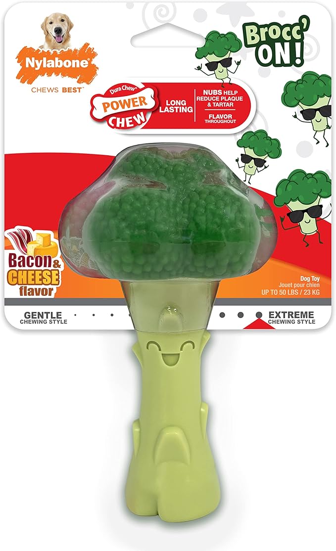 Nylabone Broccoli Power Chew Toy for Dogs, Dog Toys for Aggressive Chewers, Bacon & Cheese Flavor, Large Dogs - Up to 50 lbs, 1 Count