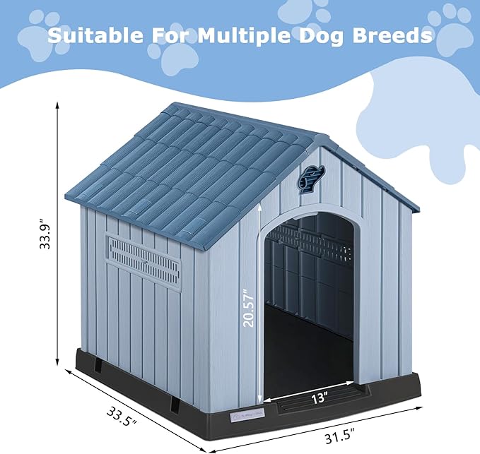 PUKAMI Large Dog House Outdoor Indoor, Plastic Dog House Weatherproof for Large Dogs, Study Puppy Shelter with Air Vents and Elevated Floor, Easy Clean and Assemble (Blue, 31.5"D x 33.5"W x 33.9"H)