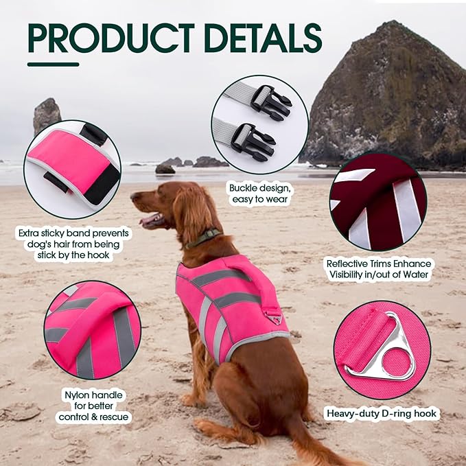 Kuoser XXL Dog Life Jacket for Large Breeds, High Flotation Swimming Vest with Reflective Strips for Boating, Pink