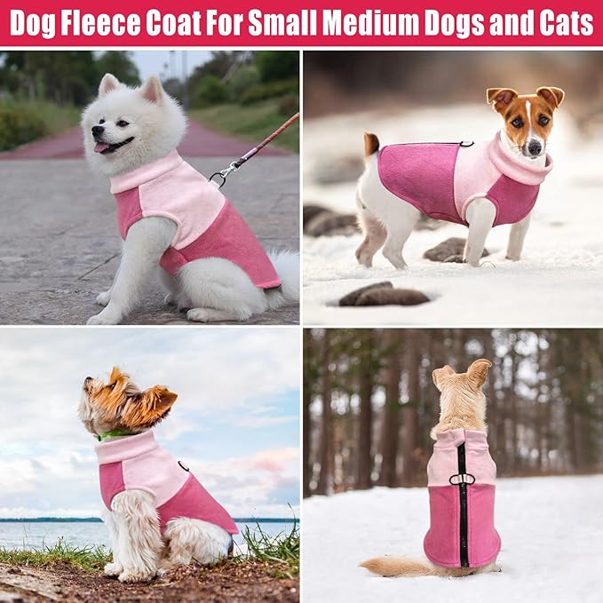 Idepet Dog Fleece Vest Sweater Zip Up Warm Pullover Dogs Jacket with D-Ring Leash Winter Cold Weater Coat Pet Sweatershirt Clothes Hoodie for Small Medium Dogs Boy Girl (Pink/Rose Red, L)