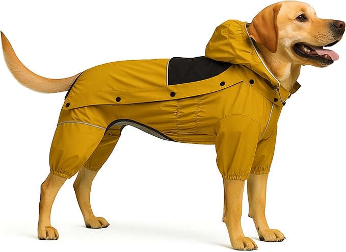 LOVELONGLONG Fleece-Lined Dog Raincoat with Removable Hood – Waterproof Winter Full Body Dog Jacket – Windproof Snowproof Cold-Weather Suit – Yellow-F M