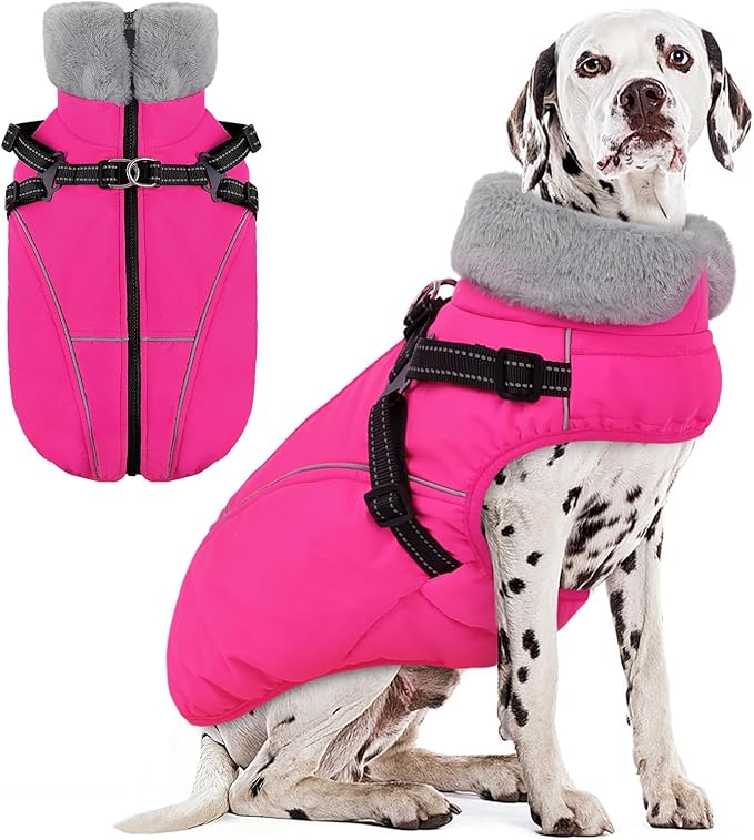 AOFITEE Dog Coat, Waterproof Dog Jacket with Harness Built in, Dogs Coats for Lage Dogs, Warm Fleece Zipped Pet Puffer Jacket, Outdoor Cold Weather Coats Pet Snowsuit for French Bulldog, Pink L