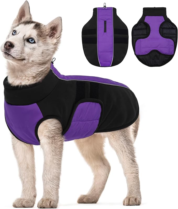 Kuoser Dog Jacket, Warm Dog Coats for Small Dogs, Reflective Doggie Winter Jacket Cold Weather Pet Coats with Leash Hole, Winter Coat Apparel for Yorkie Chihuahua, Purple XS