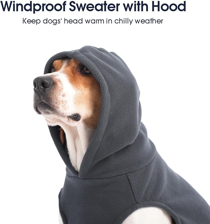 IECOii XL Dog Sweater & Pullover Hoodie for Large Dogs, Warm Fleece Layer with Hood for Cold Weather, Boys & Girls, Grey, Size XL