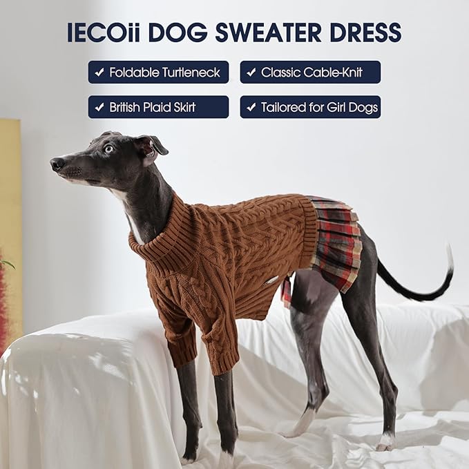 IECOii XL Dog Sweater Dress for Large Dogs Girl, Cable Knit Winter Dress for Female Dogs, Caramel,XLarge, Soft Girl Dog Sweater with Tartan Plaid Skirt Cute Turtleneck Knitwear for Cold Weather