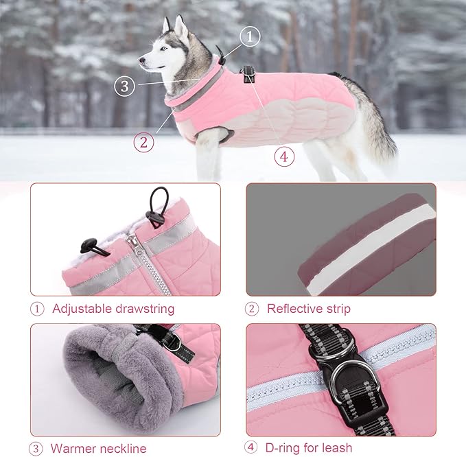 Lelepet Dog Coat Warm Dog Winter Coat Waterproof Dogs Jacket with Harness Built in Reflective Pet Fleece Vest Zip-Up Cold Weather Coats for Small Dogs Turtleneck & Windproof Coats Chihuahua Pink XS