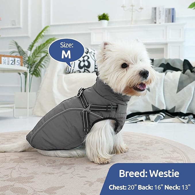 Dog Winter Coat with Harness Built in Warm Puffer Dog Jackets for Small Medium Large Dogs Windproof Waterproof Outfit with Plush Lining and Reflective Stripes (Brown, M)