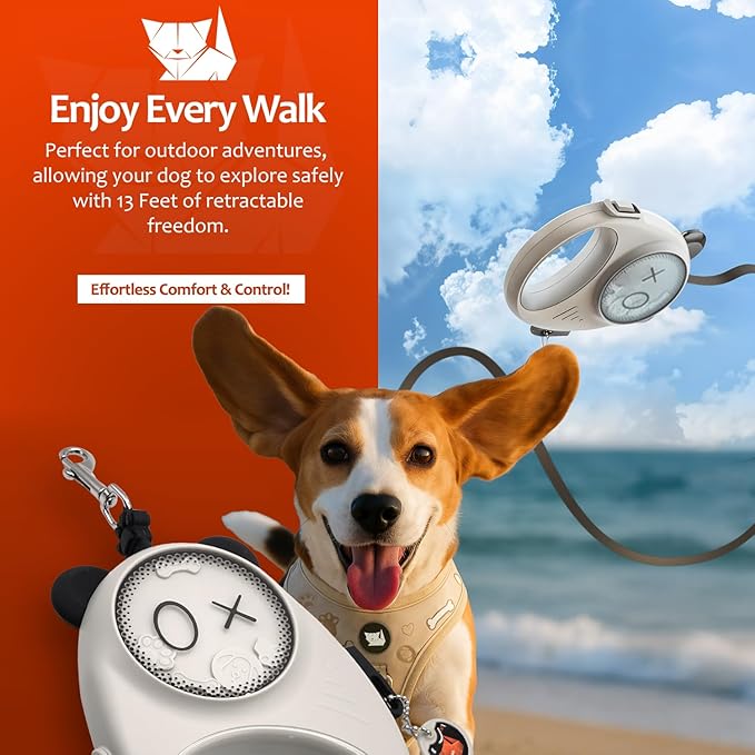 Retractable Dog Leash, 13ft Strong Nylon Tape with Auto-Locking Leash for Small Dogs up to 20 lbs, Tangle-Free, One-Touch Brake, Comfortable Grip, Panda Hug Design