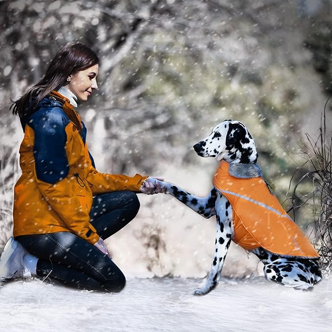 VIVAGLORY Snowrap Dog Coat, Jacket with Harness Hole & Velcro Closure, Dog Coat for Winter & Cold Weather, Fluffy Warm Fleece Lined Reflective Water Resistant for Puppy, XL, Orange