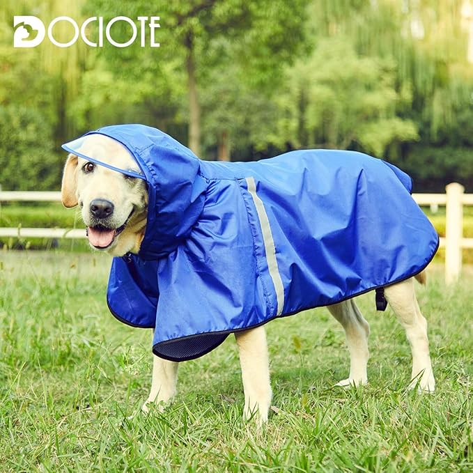 Dog Raincoat with Adjustable Belly Strap and Leash Hole - Hoodie with Reflective Strip - Waterproof Slicker Lightweight Breathable Rain Poncho Jacket for Medium Large Dogs - Easy to Wear, Blue 5XL