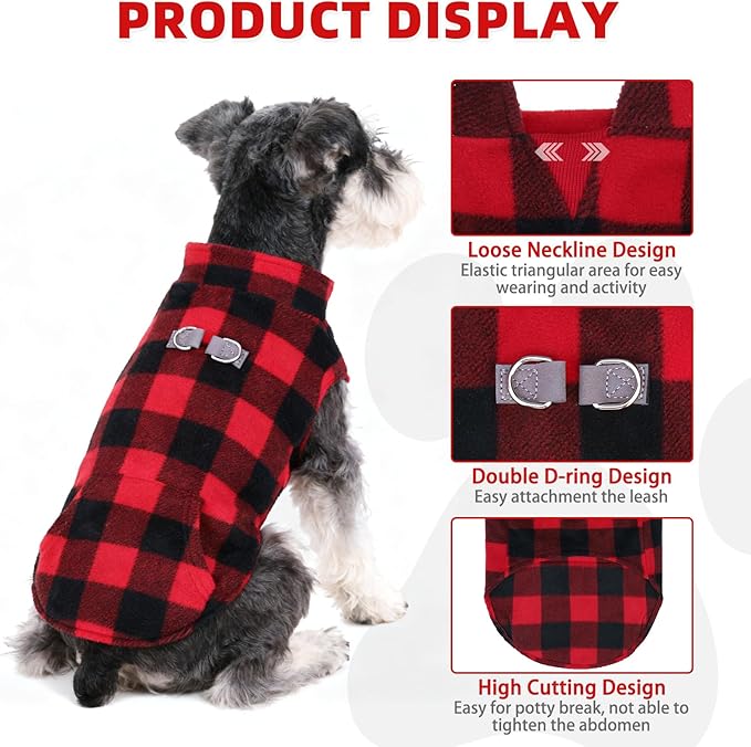 KOOLTAIL Dog Fleece Vest Sweater, Warm Puppy Christmas Jacket with Dual Leash D-Ring and Pocket for Small Medium Large Dogs, Soft Pet Winter Cold Weather Coat Fall Clothes Hoodie Boy Girl,Red Plaid XL