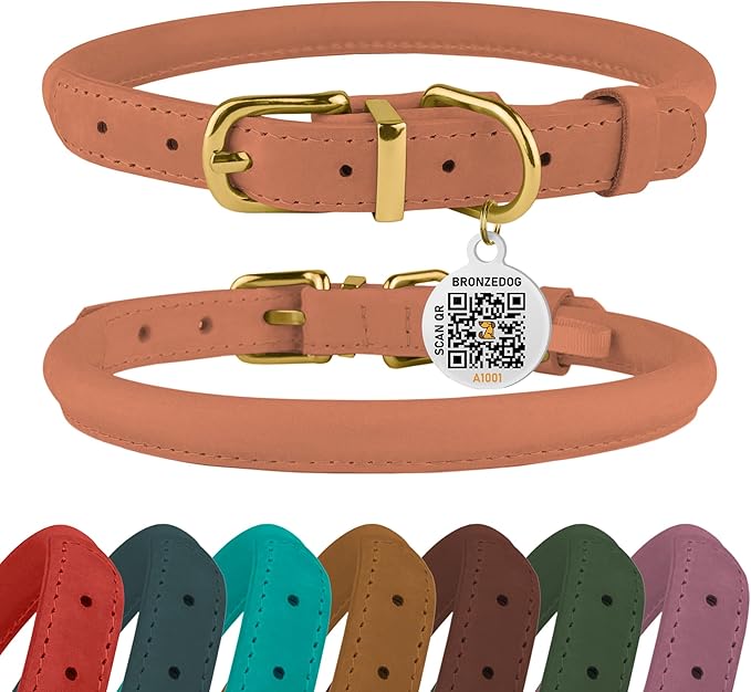 BronzeDog Rolled Leather Dog Collar with QR ID Tag, Adjustable Soft Round Collars for Small Medium Large Dogs Puppy (16" - 19" Neck Size, Peach)