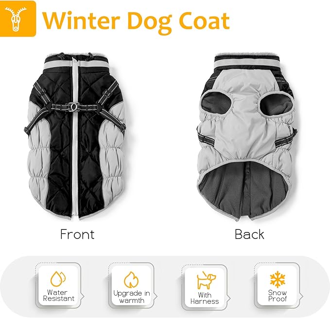 Dog Winter Coat with Harness, Dog Jacket, Pet Clothes with Zipper on Back, Waterproof Windproof Warm Vest, Reflective Cold Weather Coats, for Small Medium Large Dogs, Thick, Black, L