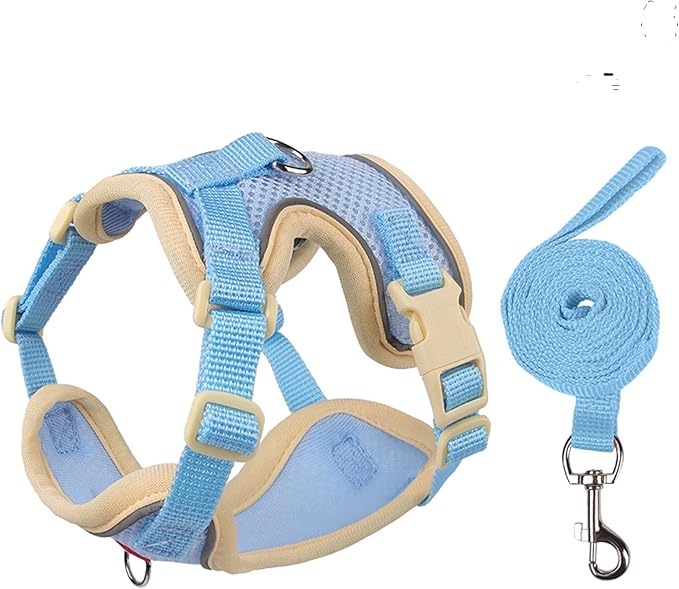 Cat Harness and Leash Set for Walking – Escape-Proof Reflective Vest for Cats and Small Dogs, Adjustable Soft Air Mesh with Pressure-Reducing Design, 4.92ft (Light Brown & Blue, M)