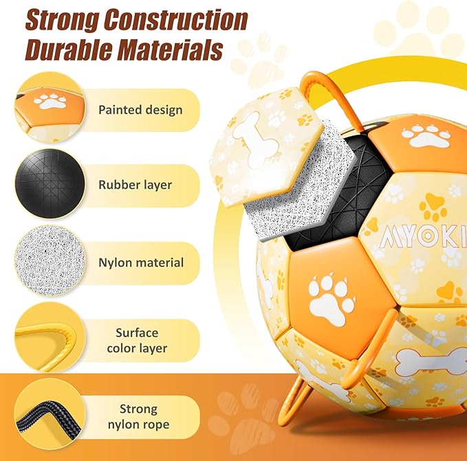 Size 2 Dog Soccer Ball with Straps Durable Training Ball for Pets Interactive Outdoor Dog Toy, Orange & Yellow, Eye-Catching Paw and Bones Design, for Small & Medium Puppie