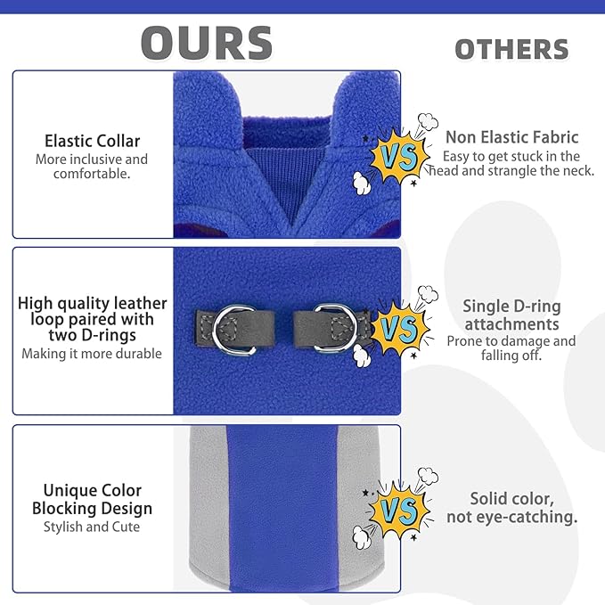 KOOLTAIL Small Dog Sweater - Dog Fleece Vest Jacket with Leash D-Ring for Small Medium Dogs, Soft Pullover Winter Warm Cold Weather Coats, Pet Fall Clothes Outfit for Puppy Cat Boys&Girls, Blue S