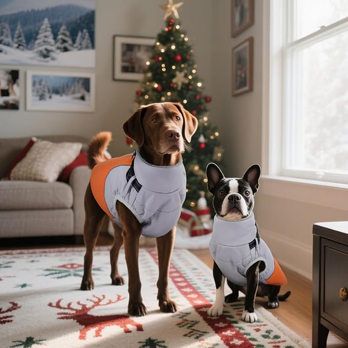 DENTRUN Dog Coat with Harness Built in, Cold Weather Dog Jacket Windproof Water-Repellent, Plush Turtle Neck Reflective Coat for Beagle, Orange, M