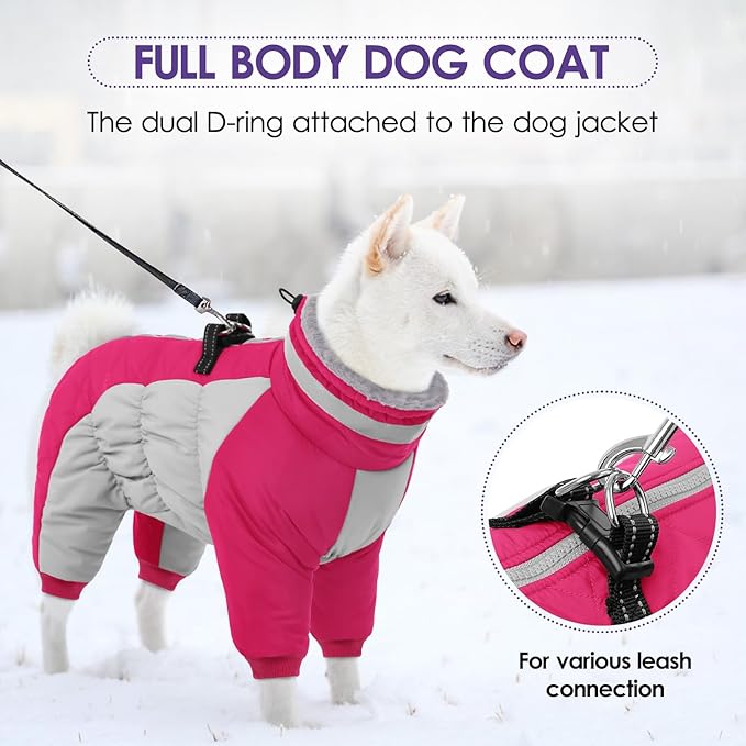 SUNFURA Full Body Dog Coat - Warm Fleece Jacket for Large Dogs, Turtleneck Winter Coats with Harness, Reflective Windproof Dog Snowsuit with Legs for Labrador,Golden Retriever, Hot Pink 2XL