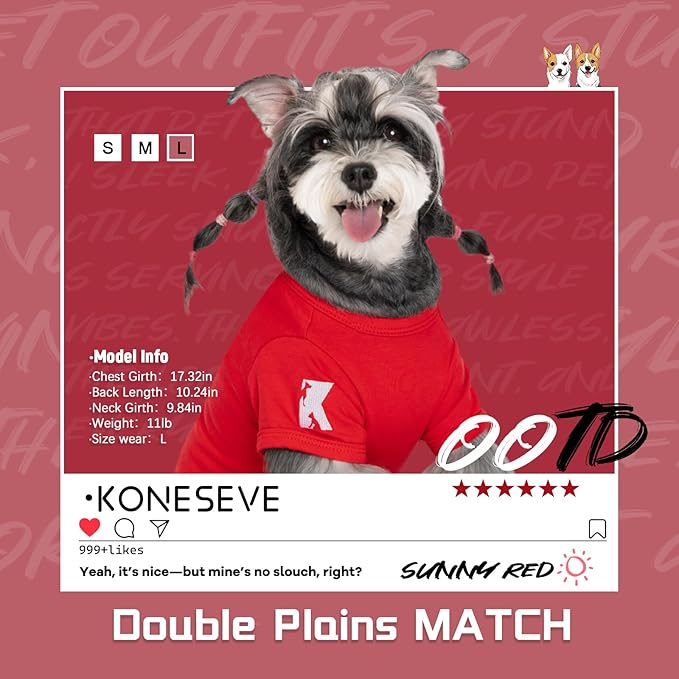 Koneseve Dog Shirt Breathable Cotton Stretchy Clothes for Small Pets 2-Pack Sunny Red & Smoky Blue M