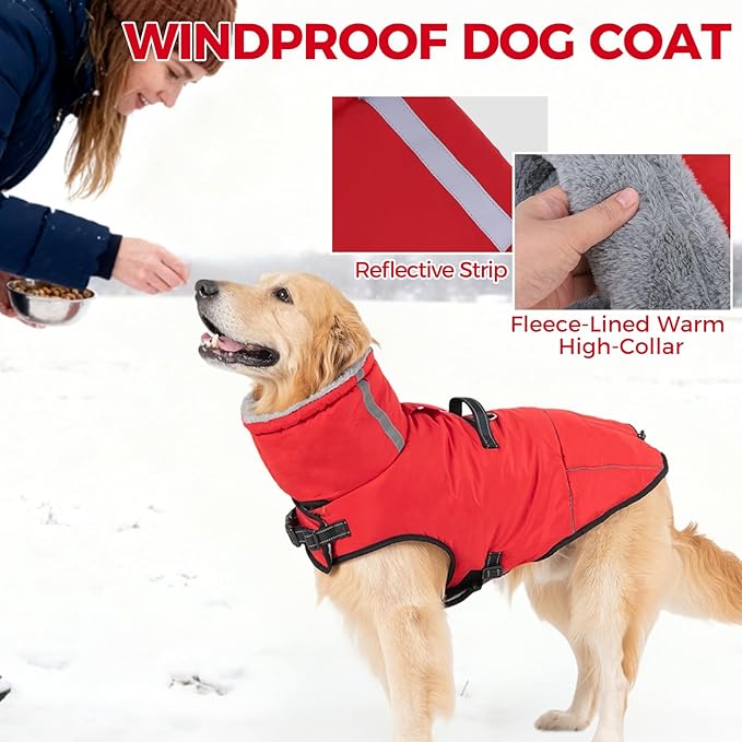 Mihachi Dog Coat for Large Dogs, Warm Dog Winter Coat Waterproof Dogs Jacket with Harness Built in Reflective Pet Fleece Vest, Puppy Cold Weather Coats Turtleneck & Windproof Pet Snowsuit, Red L