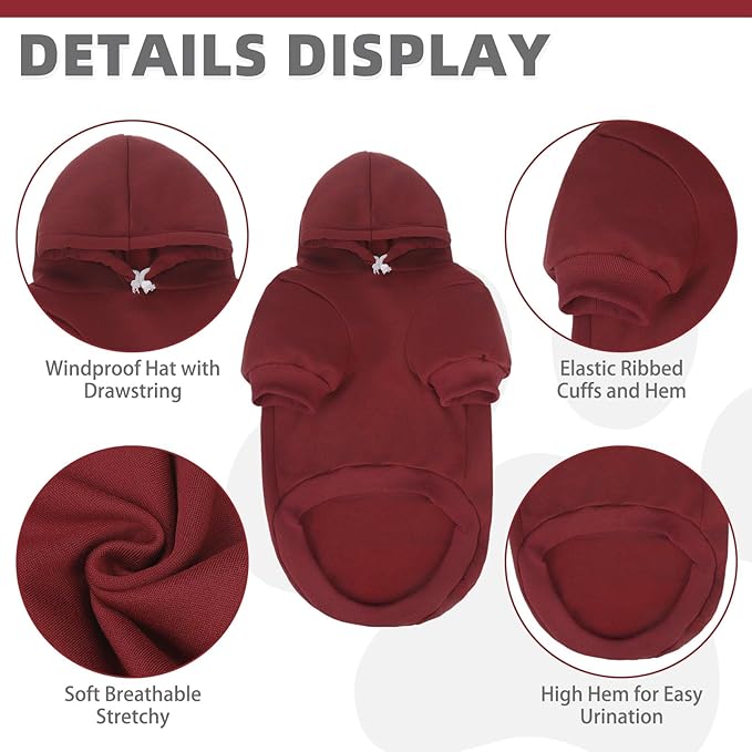 KOOLTAIL Basic Dog Hoodie - Soft and Warm Dog Hoodie Sweater with Leash Hole and Pocket, Dog Winter Coat, Cold Weather Clothes Sweatshirt for Small Medium Large Dogs Puppy Cat Boys Girls Deep Red XS
