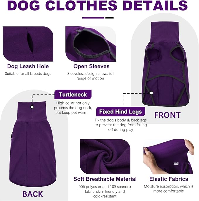 ROZKITCH Dog Sweatshirts for Large Dogs, Pet Windproof Warm Cold Weather Jacket Vest Cozy Jumpsuit Apparel Outfit Clothes for Walking Hiking Travel Sleep Purple L