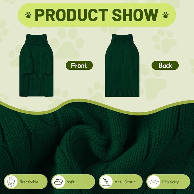 Small Dog Thermal Pullover Sweater, Classic Turtleneck Cable Knitwear Dog Clothes for Cold Weather Warm Pet Clothes for Chihuahua, Bulldog, Dachshund, Pug Green Large