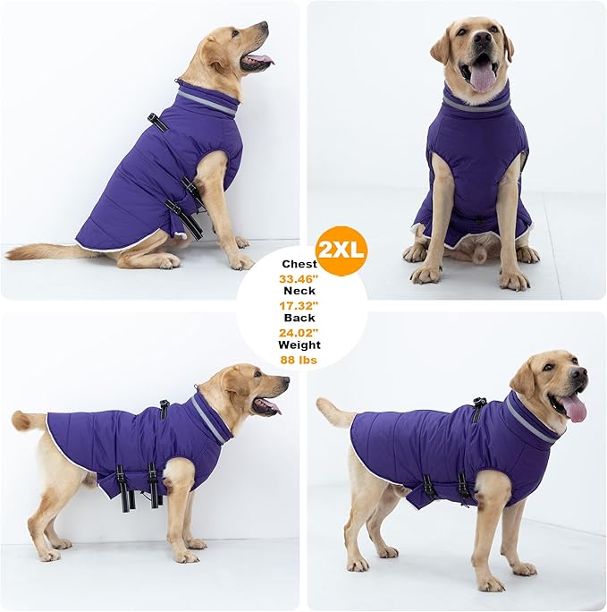 Large Dog Coat with Harness Built-in, Waterproof Reflective Fleece Lined - Warm Windproof Winter Jacket with Back Zipper, Cold Weather Snow Dog Coats - Purple - XL