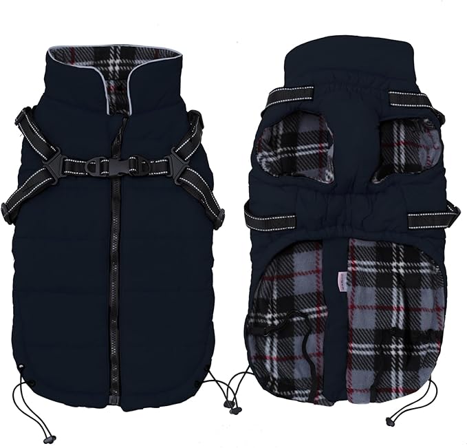 Geyecete Winter Warm Coat Waterproof Dog Jacket with Harness Traction Belt, Pet Outdoor Jacket Dog Autumn and Winter Clothes - Navy - L