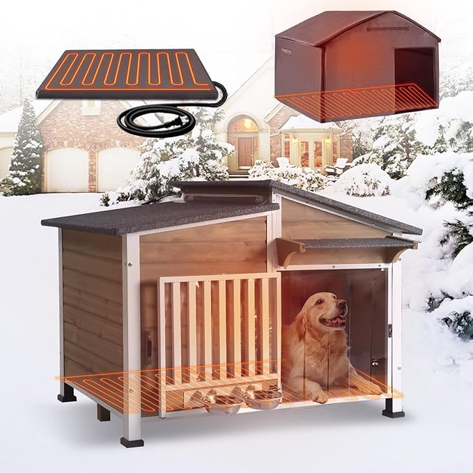 Heated Dog House Outdoor, Insulated Dog Kennel with Heating Pad for Winter, Weatherproof Dog Shelter with Anti-Chewing Metal Frame and Bowls for Small Medium Large Dogs (Light Brown